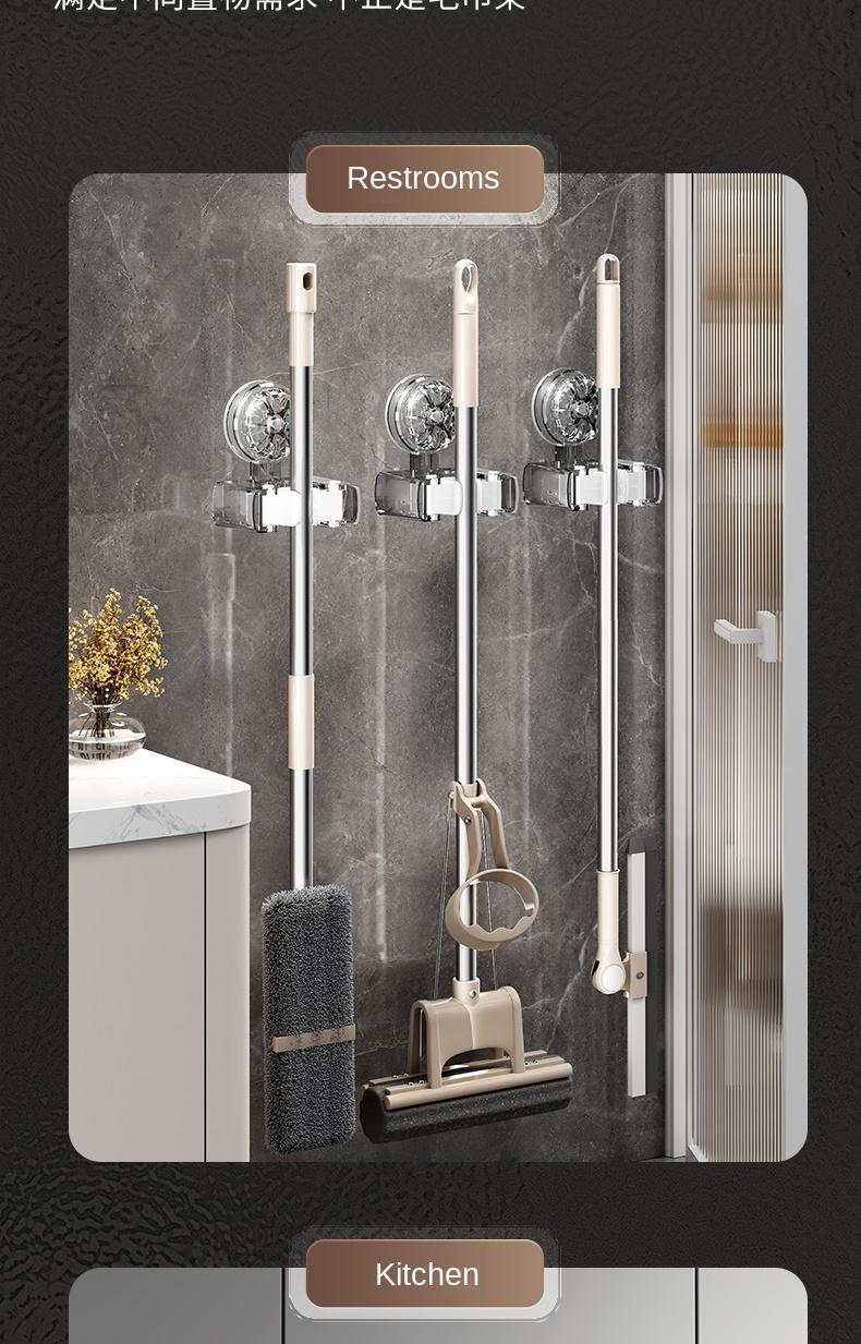 Product Introduction of Suction Cup Mop Holder Hook Two Clips No Drilling Household Bathroom Simple Storage Clip Movable Mop Holder 11