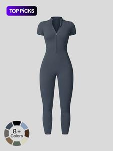 Mono deportivo sólido de manga corta con media cremallera para mujer, mono ajustado con cuello alto deportivo para entrenamiento de gimnasio de yoga, ropa deportiva para mujer para todas las estaciones