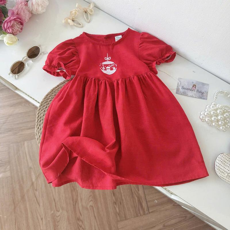   DEC37 Váy đỏ tay bồng phối hình thêu chất linen tưng mềm mát cho bé gái 