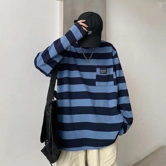 [BISA COD] TSHIRT IMPORT OVERSIZE TEE KAOS LONGGAR KOREA WANITA MURAH MOTIF BIG LINE POUCH KANTONG GARIS BESAR