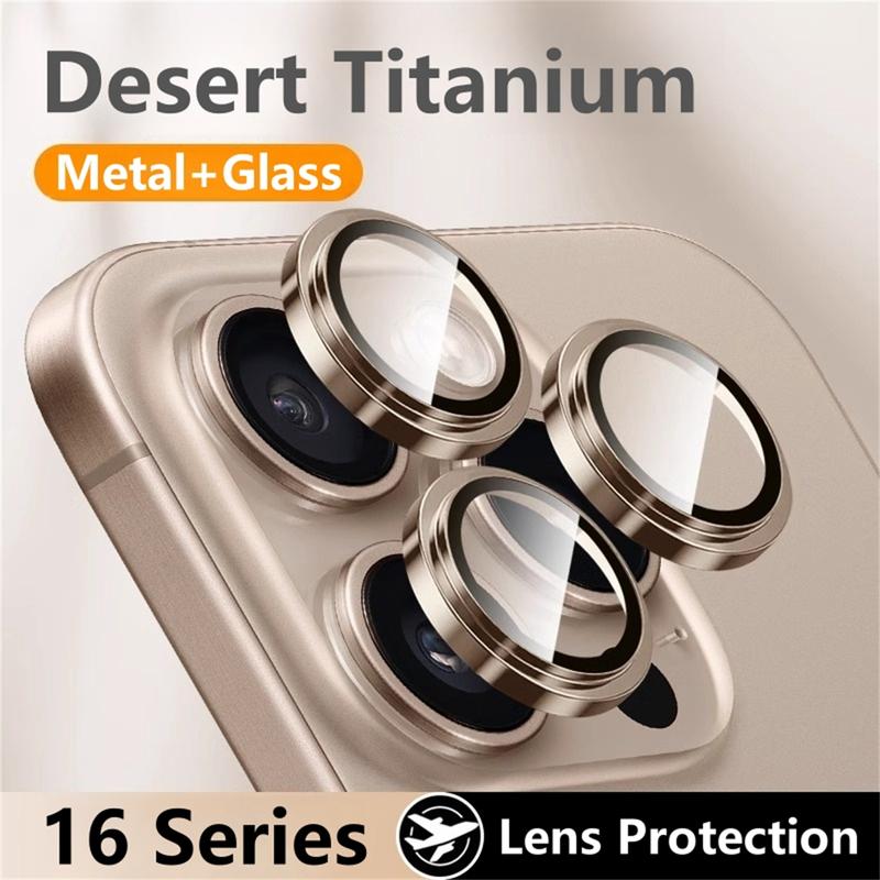 Ốp Bảo Vệ Ống Kính Máy Ảnh Nhẫn Kim Loại Màu Titan Sa Mạc Tương Thích Với iPhone 16 Pro Max iPhone 11 12 13 14 15 Pro Max Plus Và Mini Làm Bằng Kính