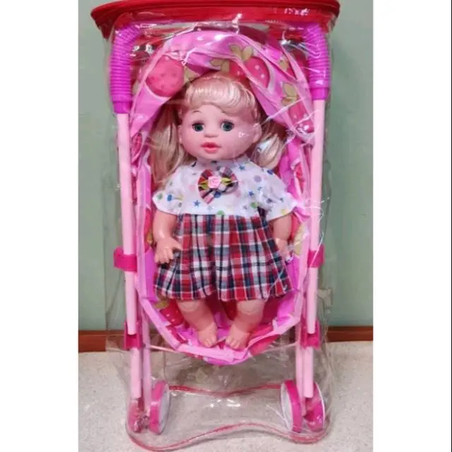 Mainan anak stroller bahan besi mainan anak cewek dorongan boneka bisa bunyi