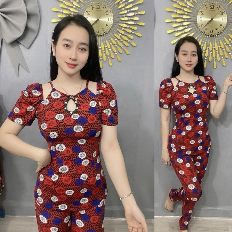  Đồ Bộ Thun Aty Tơ Mịn Mát Cổ Yếm Có Tay Quần Dài Ôm 2 Túi May Dằn Đáy Áo Nhấn Ben 