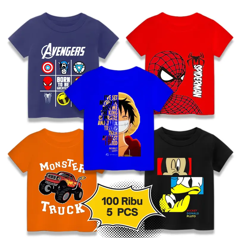 Baju Isi 5 PCS - Kaos anak Laki Laki Campur Motif Dan Warna Umur 1-8 Tahun Katun Fashion 0