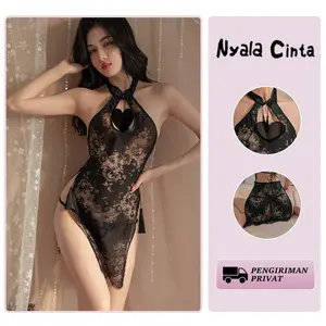 Nyala Cinta Lingerie Wanita Dress Cosplay Renda Hitam Seksi Elegan Tidur
