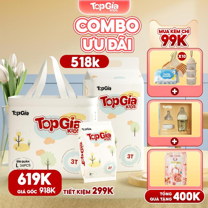 [DEAL SỐC] 2 Bịch Tã/Bỉm cho bé, bỉm TopGiaKids pH < 7 ngừa hăm, đai chun đệm mây mềm mại co dãn 4 chiều, thấm hút bề mặt khô thoáng size S đến XXXL cho bé từ 4-20kg kem (bỉm) [BO]