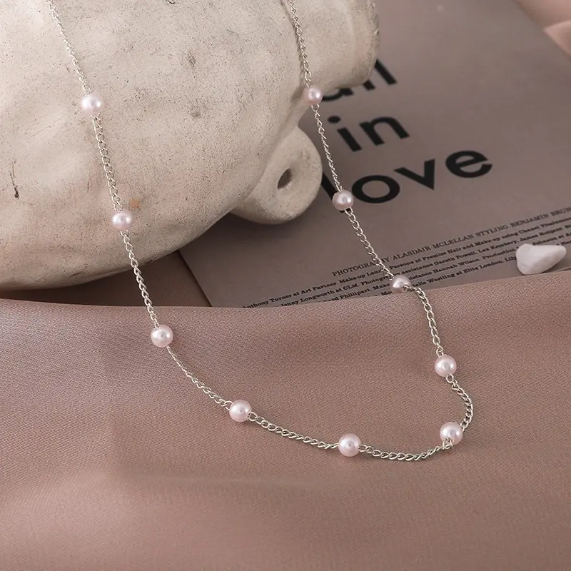 LEERE - Kalung Mutiara Korea Pendek Rantai Silver Wanita Sederhana Serbguna ​Niche Clavicle Rantai Hadiah Aksesoris Fashion 2