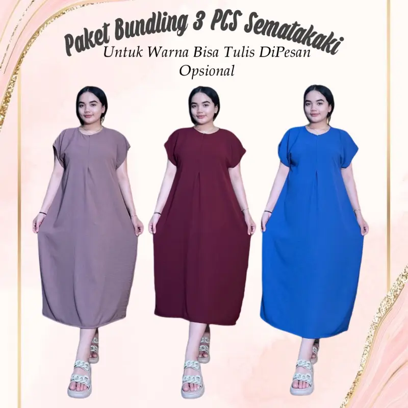 Ambari -Paket 3 Pcs Sematakaki Long Daster Wanita Dress 2