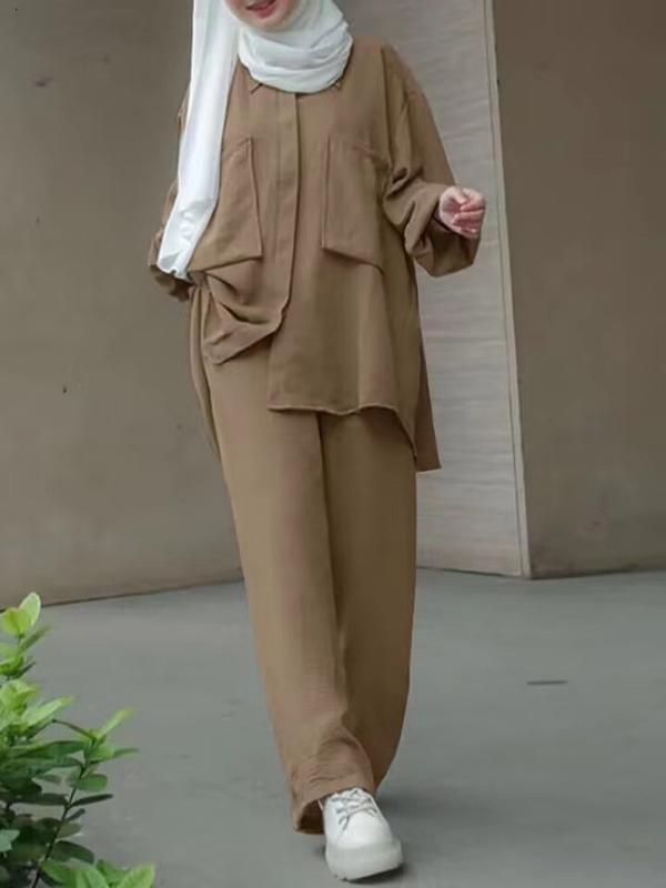 Product Introduction of Soild Color Muslim Long Sleeve Long Pants Shirt Set Pleated Blouse Pants Set 10