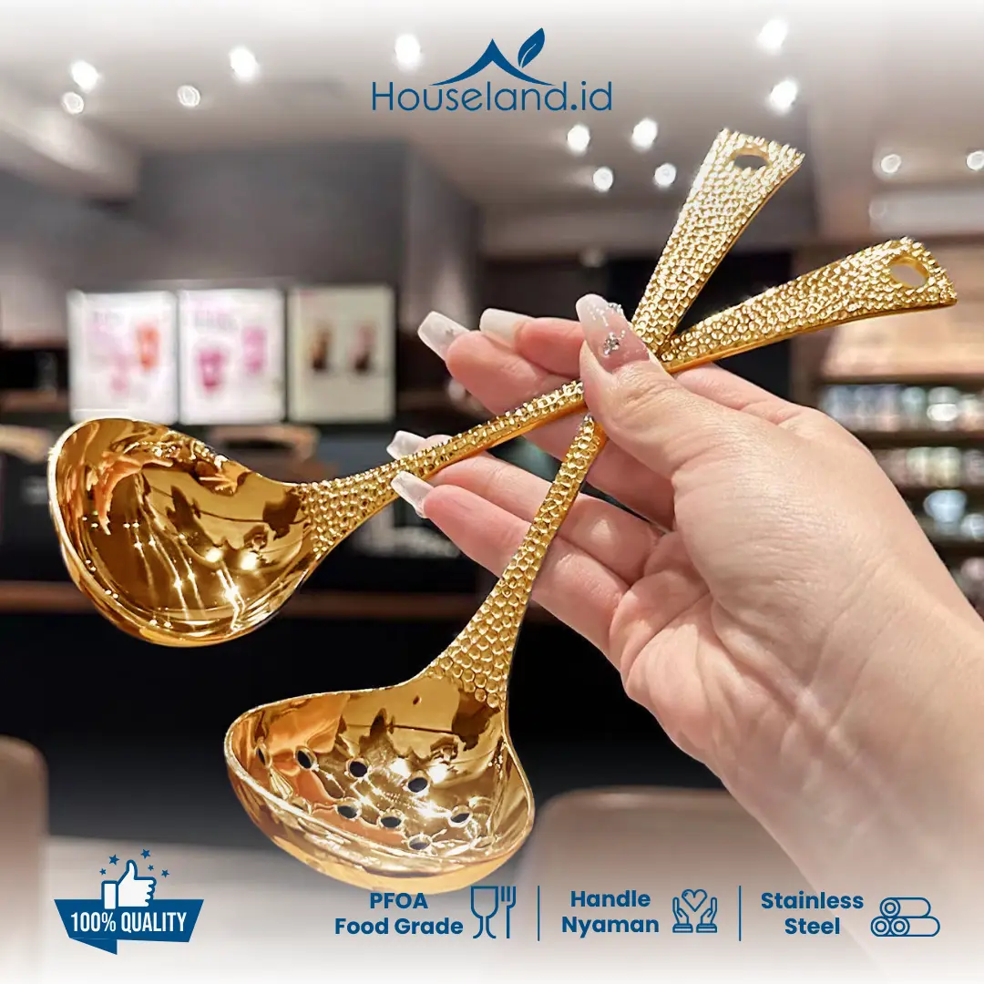 Gold Motif Stainless Soup Ladle Strainer Centong Sup Sendok Kuah Saringan HotPot Warna Emas Kitchenware
