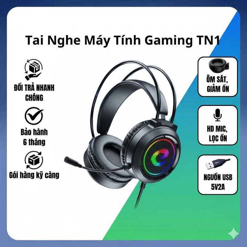 Tai Nghe Máy Tính Gaming TN1 Có Mic Đàm Thoại Bass to LED RGB dùng cho máy tính và laptop earphone nhét tai