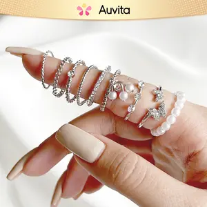 Auvita (9 PCS) Set Cincin Silver Sterling Butterfly Pearl Rings Aksesoris Perhiasan Cewek Fashion