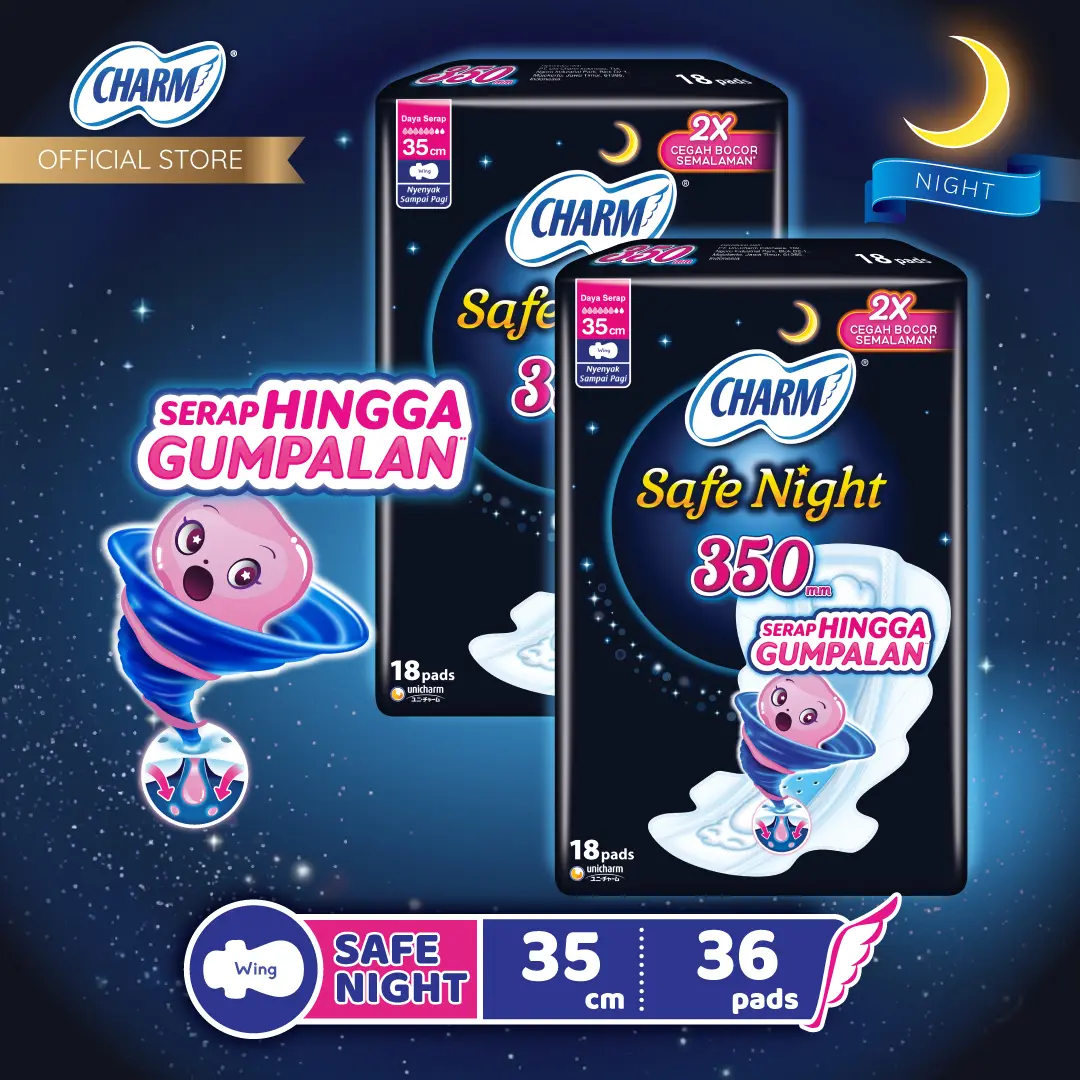 Charm Pembalut Safe Night 35cm Wing 18 pads - 2 Pcs