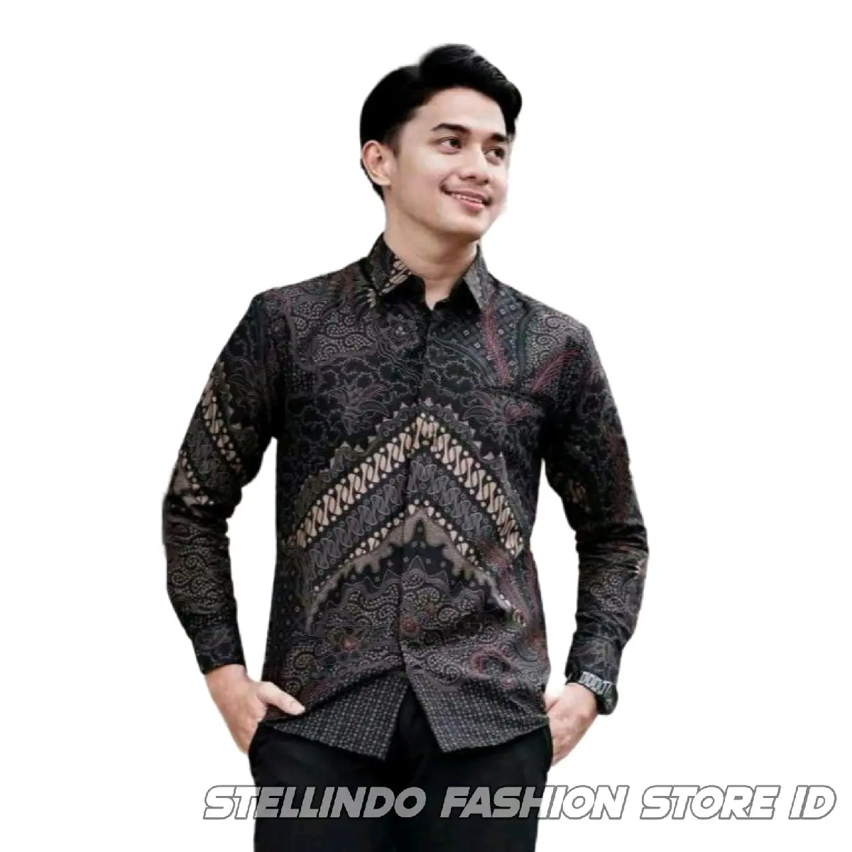 Kemeja Batik Pria Modern Katun Halus Atasan Batik Cowok Baju Kemeja Batik Lengan Panjang Hitam Size M L XL XXL