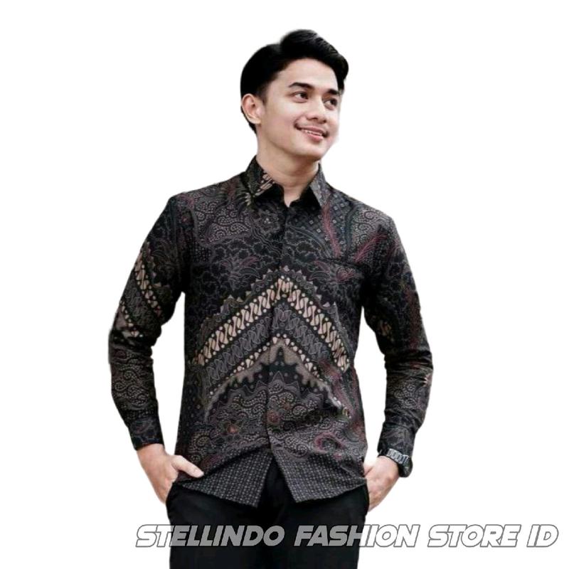 Kemeja Batik Pria Modern Katun Halus Atasan Batik Cowok Baju Kemeja Batik Lengan Panjang Hitam Size M L XL XXL 1