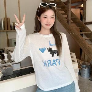 Women's Long Sleeve Round Neck Loose-Fitting Casual Top, Summer New Letter Heart Print Design, Comfortable Daily Wear 3155# Womenswear Tshirt Streetwear Crewneck