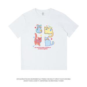 トレンドチェックの猫柄プリント婦人用半袖Tシャツ、丸首、ゆったり、純綿カジュアルトップス、丸首、ショルダーベルト、ゆったりシルエット、通気性、肩落ちデザインプリントTシャツ夏のゆったりタイプ