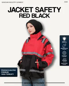 Jaket Safety Tambang Waterproof Taslan Balon Merah Hitam Scotlight Reflektif – Jaket Kerja Lapangan Anti Air Bisa Custom Bordir Logo Nama & Tulisan Belakang | Bandung Industry Garment