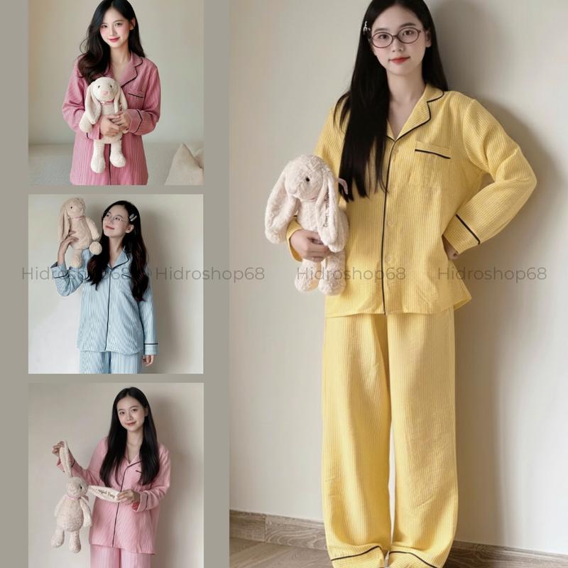  Bộ ngủ Pijama dài tay HIDRO chất đũi mềm mại phối viền form rộng 