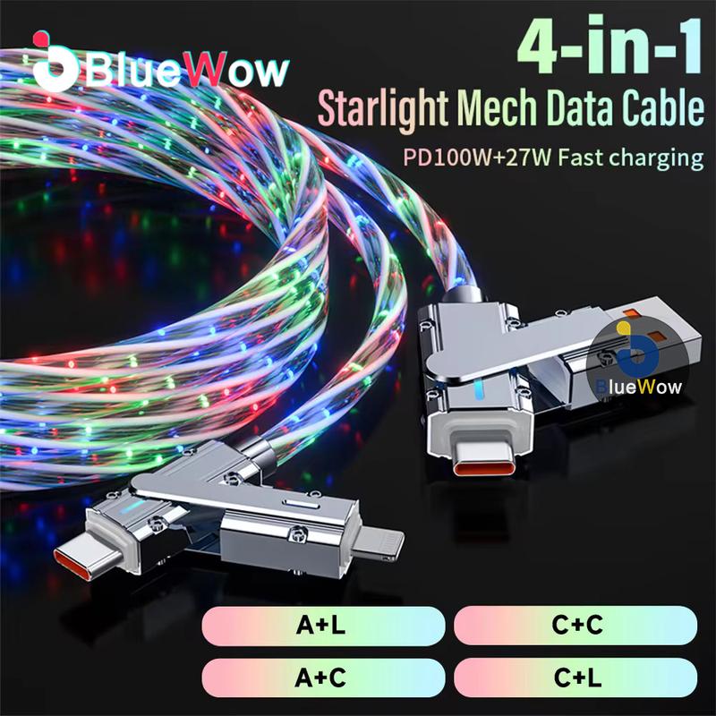 BlueWow - Cáp sạc nhanh RGB 4 trong 1, PD 100W, LED, USB loại C sang USB C, bộ sạc cáp dữ liệu cho Samsung S24 Ultra S23 S22 Huawei Xiaomi 14