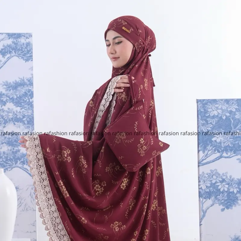 Ra Fashion - Mukena Armina Dewasa Pogy Crinkle Airflow Syar'i Penutup Dagu Motif Bunga Mewah Renda Cantik Panjang Atasan Traveling Beli Lokal Nyaman Lembut 2