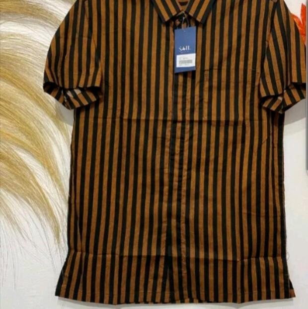 kemeja lurik tenun halus lengan pendek Hem Atasan Pria Dewasa Hitam Salur Formal Katun halus 1