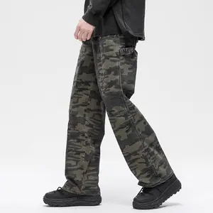 Celana Jeans Cargo Pria FABTT Musim Panas - Korean Vintage Motif Kamuflase, Cut Lurus Longgar Kekinian Gaya Distro