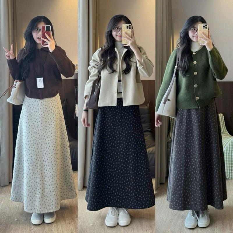 ẢNH OLDSCHOOL Chân váy dạ ép hoa nhí dáng A xoè cạp chun basic CV5168