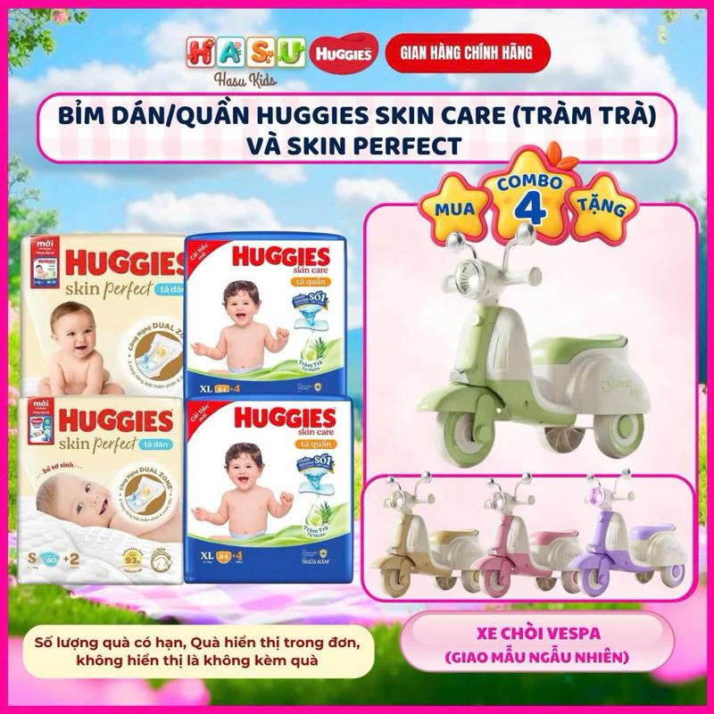 COMBO 4 GÓI Tã/ Bỉm Quần Huggies Skin Care Tràm Trà Túi Lớn size M106/L104/XL88/XXL80/XXXL28.