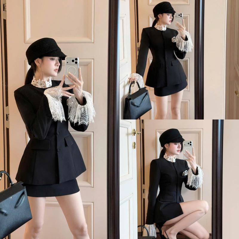  Set A311  áo và chân váy  áo vest cổ ren phối tay ren kèm chân A ngắn 