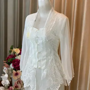 Kebaya kutu baru kancing mutiara bordir motif anggrek lengan pendek panjang lonceng