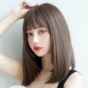 Wig Wanita Lurus Klavikula Pendek Wajah Bulat Alami Yang Modis Seluruh Set Rambut Gesper Bagian Dalam Gaya Korea Poni Udara Rambut Palsu Panjang Sedang Kepala Penuh