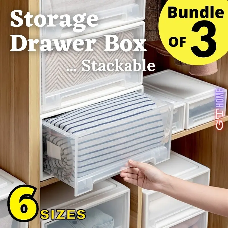 GTHome.sg Bundle of 3] Stackable Plastic Storage Drawer Box for Cabinet,Wardrobe Organizers storage  unit Smooth Transparent drawer  organizer foldable  storage wardrobe  storage