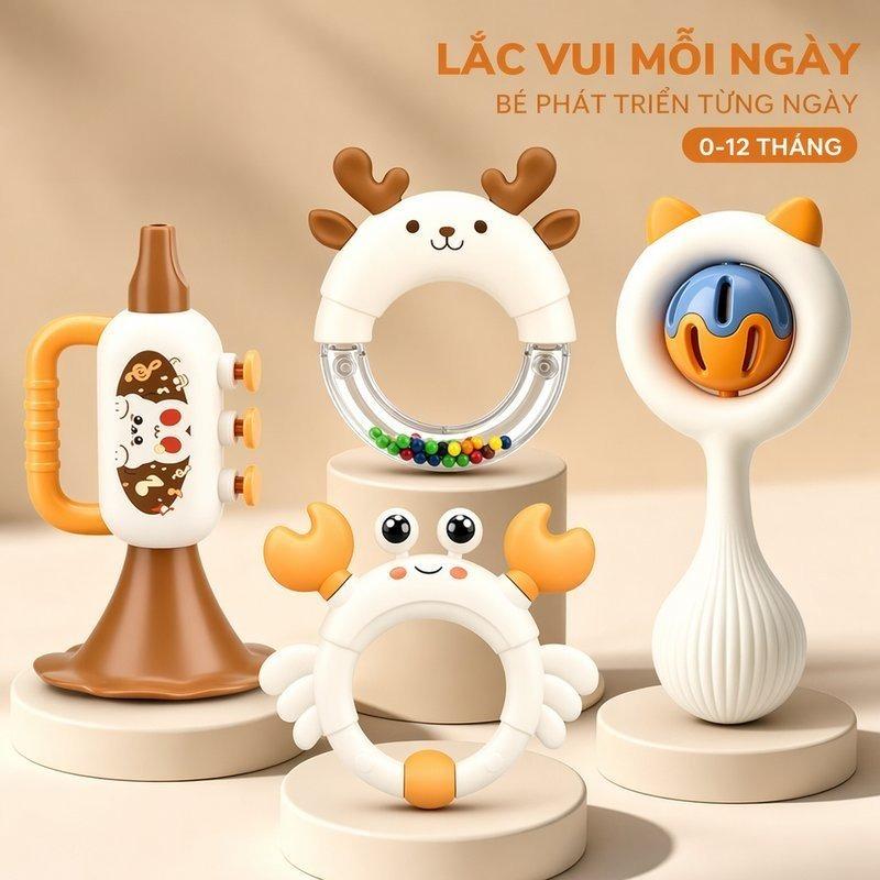 Bộ Lục Lạc Cầm Tay 4 Món Cho Bé Sơ Sinh – Nhựa ABS Không BPA, An Toàn Tuyệt Đối Khi Bé Cầm Nắm Và Gặm Nướu. Họa Tiết Tương Phản Cao Kích Thích Thị Giác, Âm Thanh Nhẹ Nhàng Phát Triển Thính Giác – Quà Đầy Tháng Ý Nghĩa Cho Bé Trai & Bé Gái