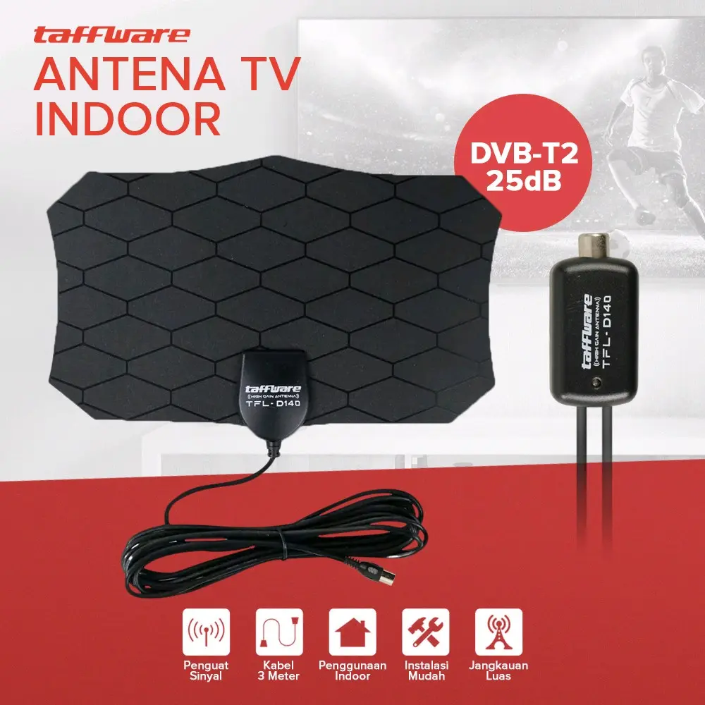 Taffware Antena Indoor TV Digital DVB-T2 Dengan Signal Booster Amplifer Kabel