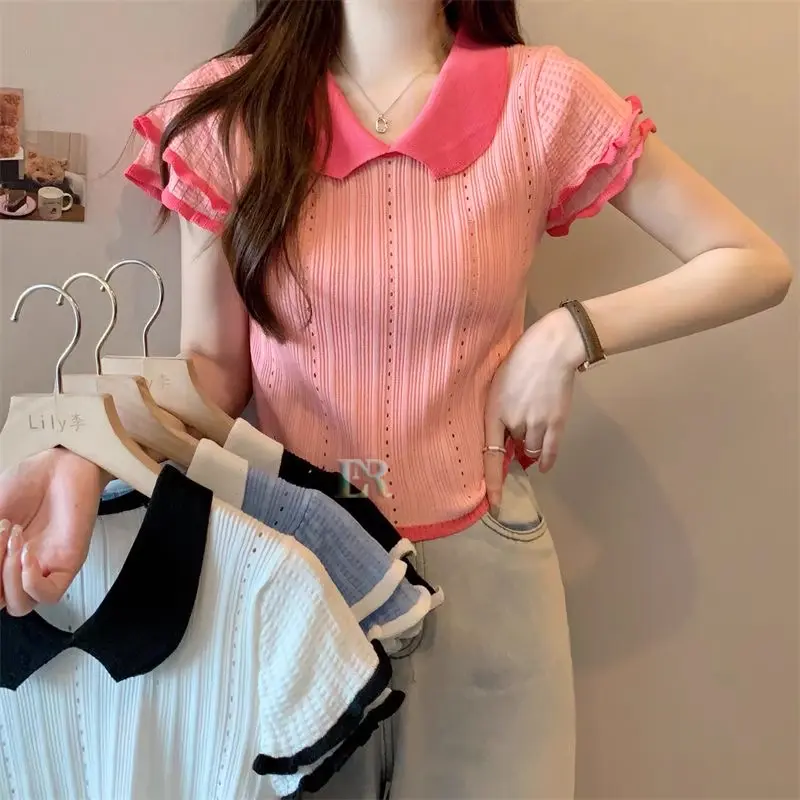 LNR Shop Lokal Premium Atasan Rajut dengan Kerah Lengan Pendek 2 Layer T Shirt Cute Bergelombang Blouse Kaos Sweater Baju Santai Jalan Polos Ketat Kasual Halus Lembut Casual Dewasa not Crop Top Korean Style