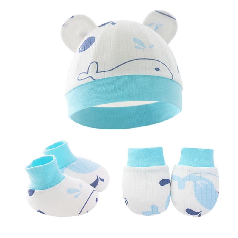 0-6M Baby Fetal Hat Anti-scratch Gloves Foot Cover 3 Pieces Set Newborn Ear Hat 5