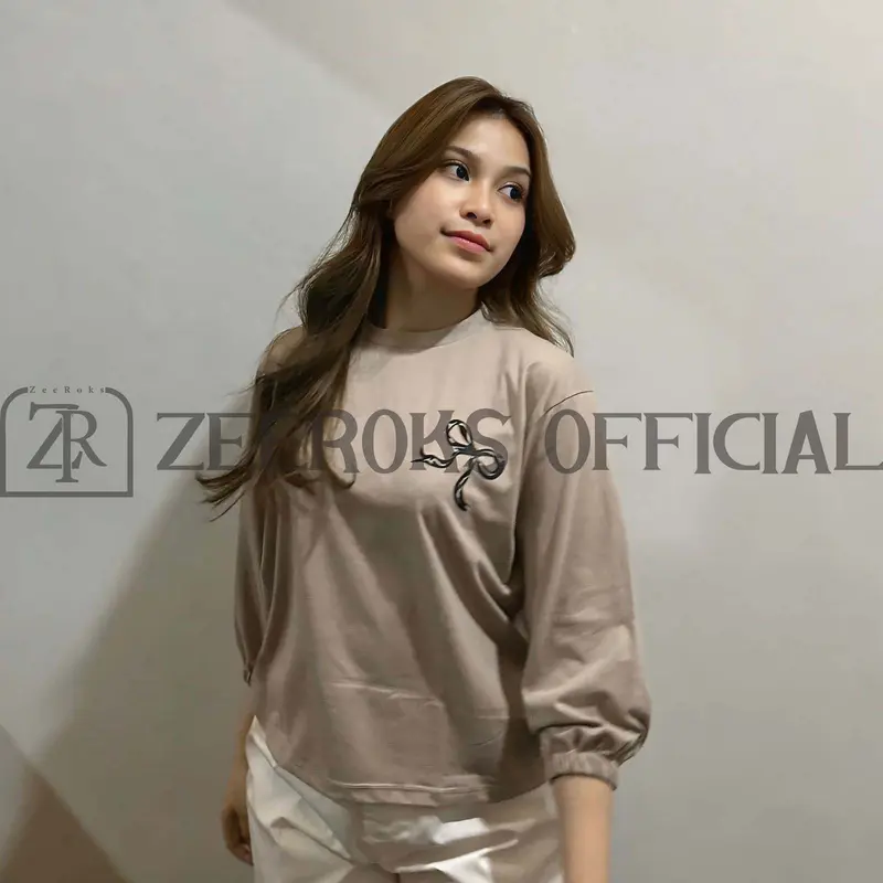 ZEEROKS Baju Wanita Lengan Balon Sablon Pita Kaos Cewek Bahan Cotton Combed Katun 2