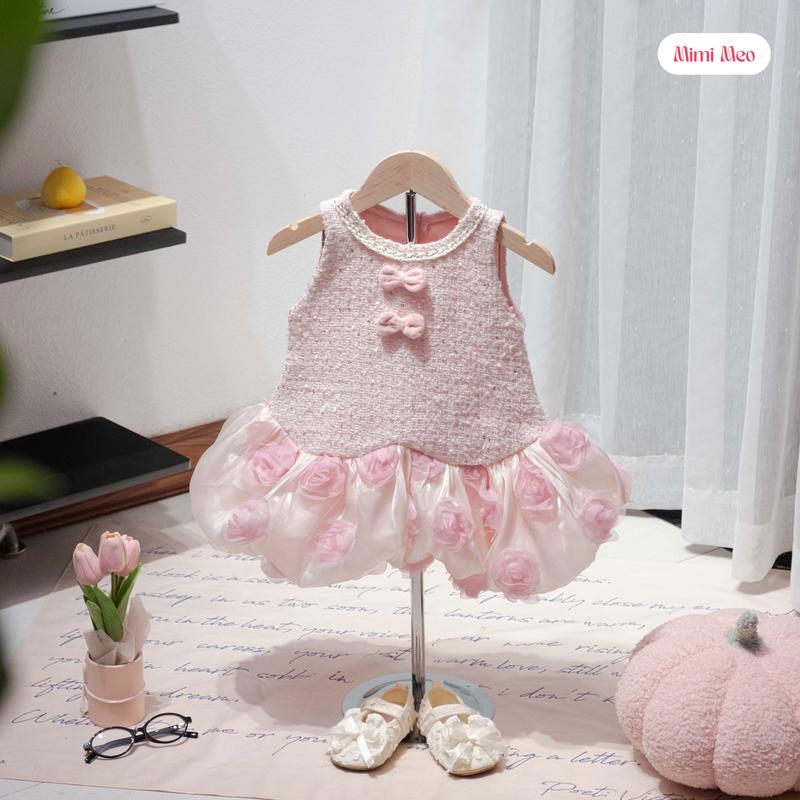 Mimi Meo TD353 Váy bé gái mùa đông size 9kg tới 34kg Đầm dạ điệu đà cho bé xinh Dạ hồng phối chân hoa hồng nổi
