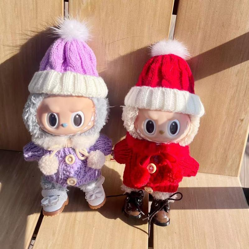 Product Introduction of 34.Doll clothes macaron generation 2 generation rabu cloth pink. Purple. Red wooden button sweater, ball ball scarf , beanie, hat rabu cloth cute warm pendant to wear 2