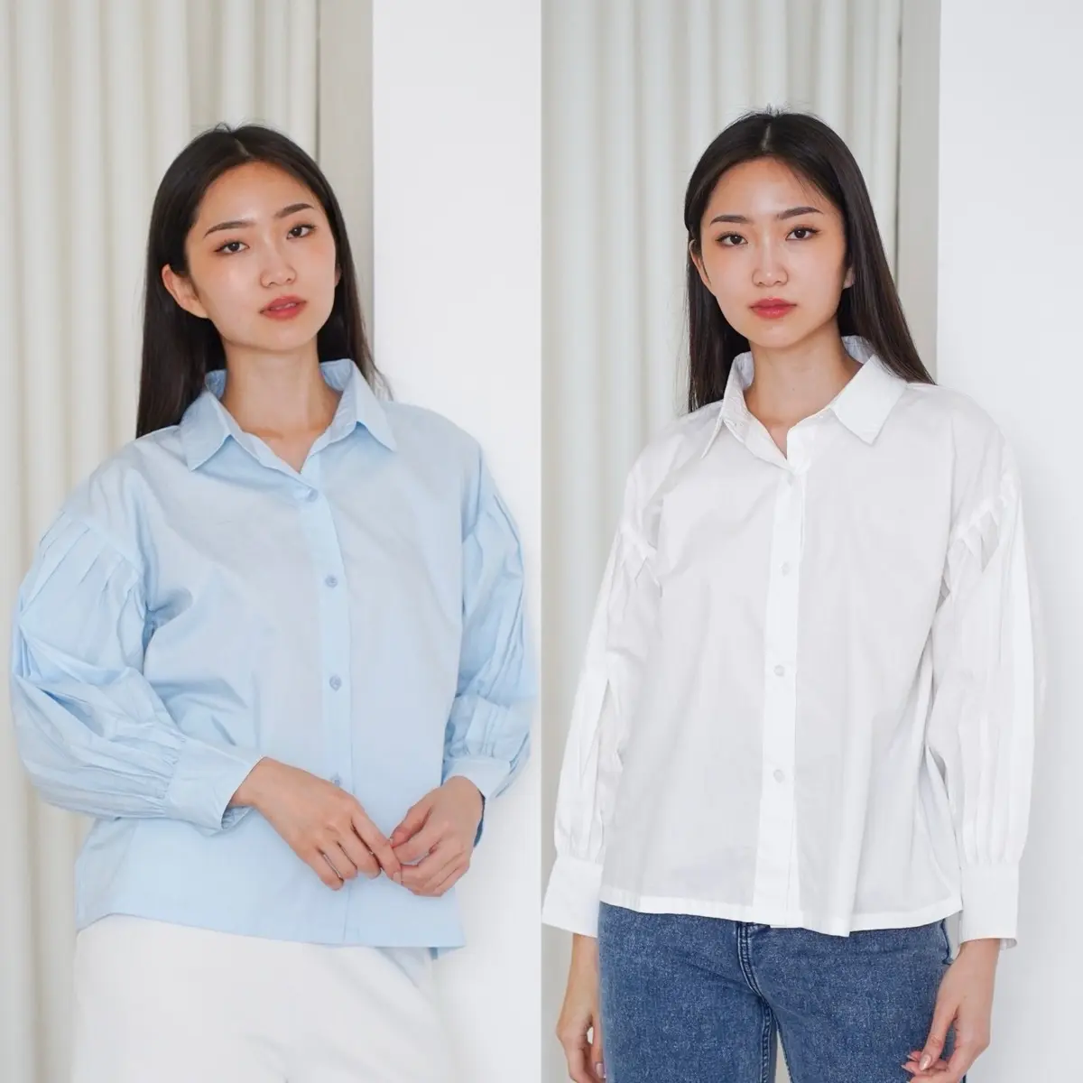 MODEVA - Blaire Pleats Sleeve Puff Shirt / Kemeja Katun Plisket Wanita