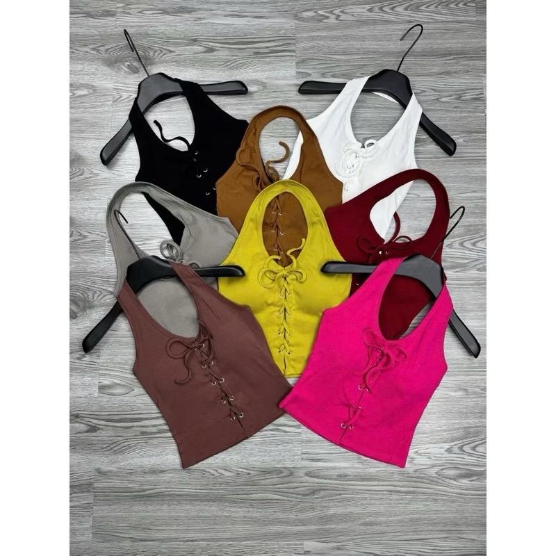 ÁO YẾM CHOÀNG CỔ ĐAN DÂY PHÍA TRƯỚC CÓ KÈM MÚT ĐỆM FOM CROPTOP