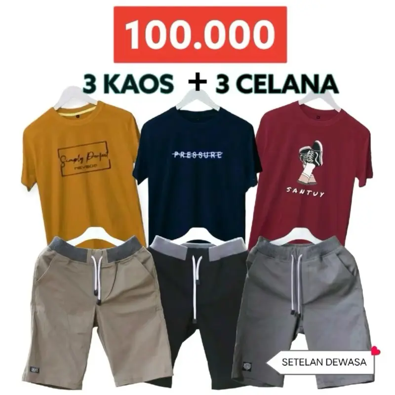 Paket 100rb Dapat Setelan 3 Kaos + 3 Celana Chino Pendek Pria Dewasa Distro 0