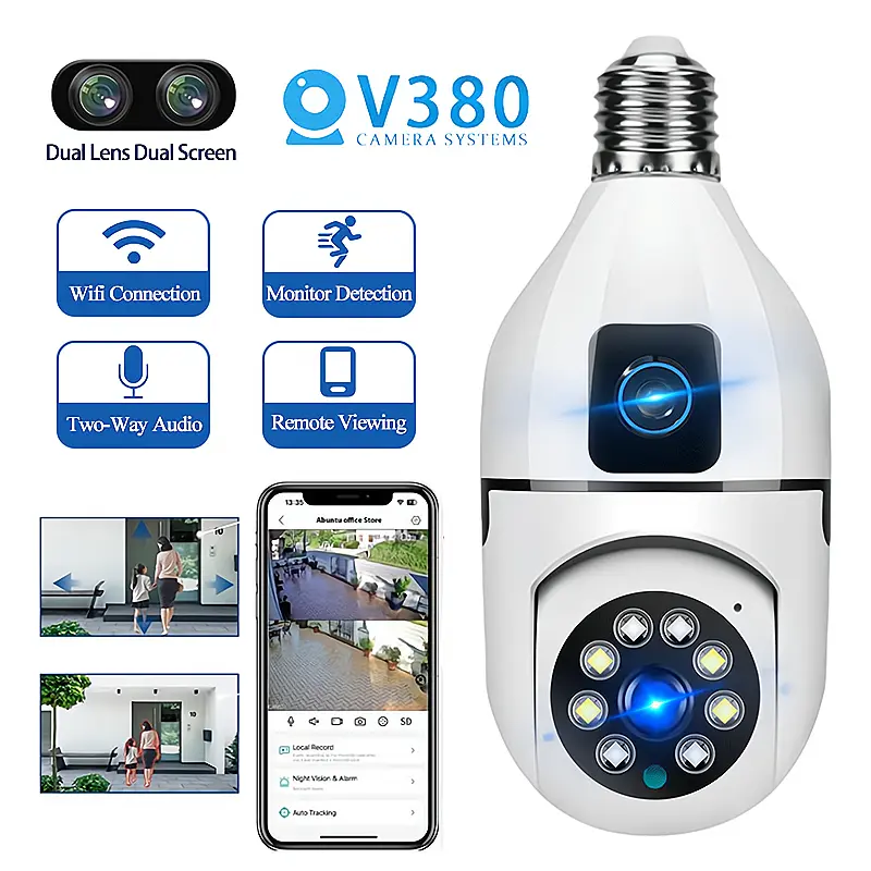 Yuuki COD V380 CCTV Kamera  Bohlam Indoor Dual Camera HD  Wifi  BULB PTZ Lensa Ganda Camera Keamanan Audio Dua Arah Putih