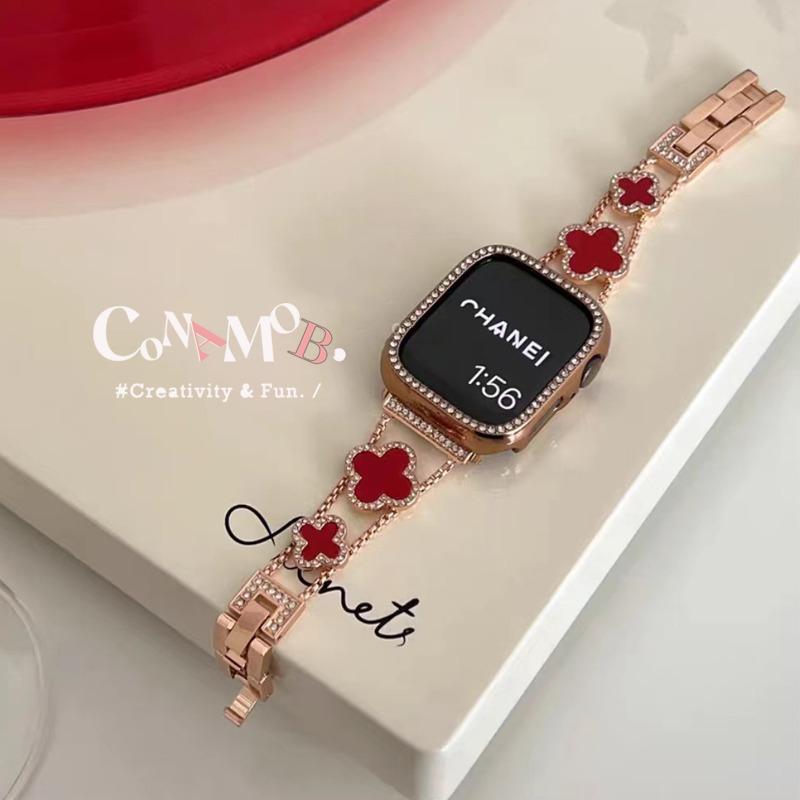 Product Introduction of Luxury Four-leaf clover rhinestone metal chain strap For iwatch Serie 9 8 7 6 SE 5 4 3 2 fashion Clover ladies band For iwatch Band 44mm 45mm 41mm 40mm 38mm 49mm 42mm 42