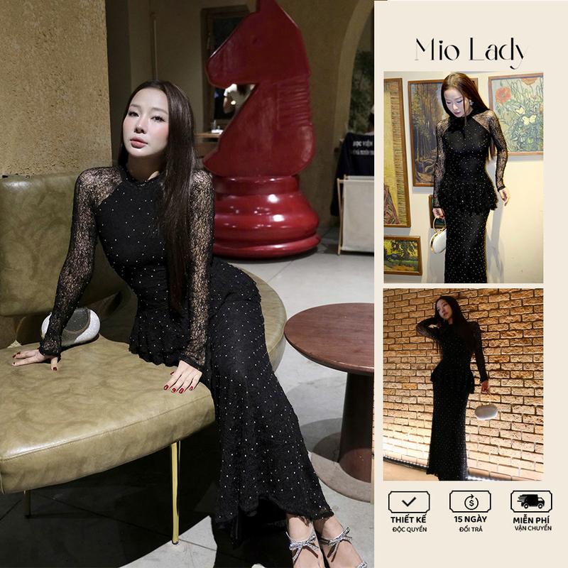 Váy Ren Đính Đá Lấp Lánh Cổ Leo – Dáng Xòe Bèo Rủ Che Bụng Sang Trọng Đi Tiệc MioLady