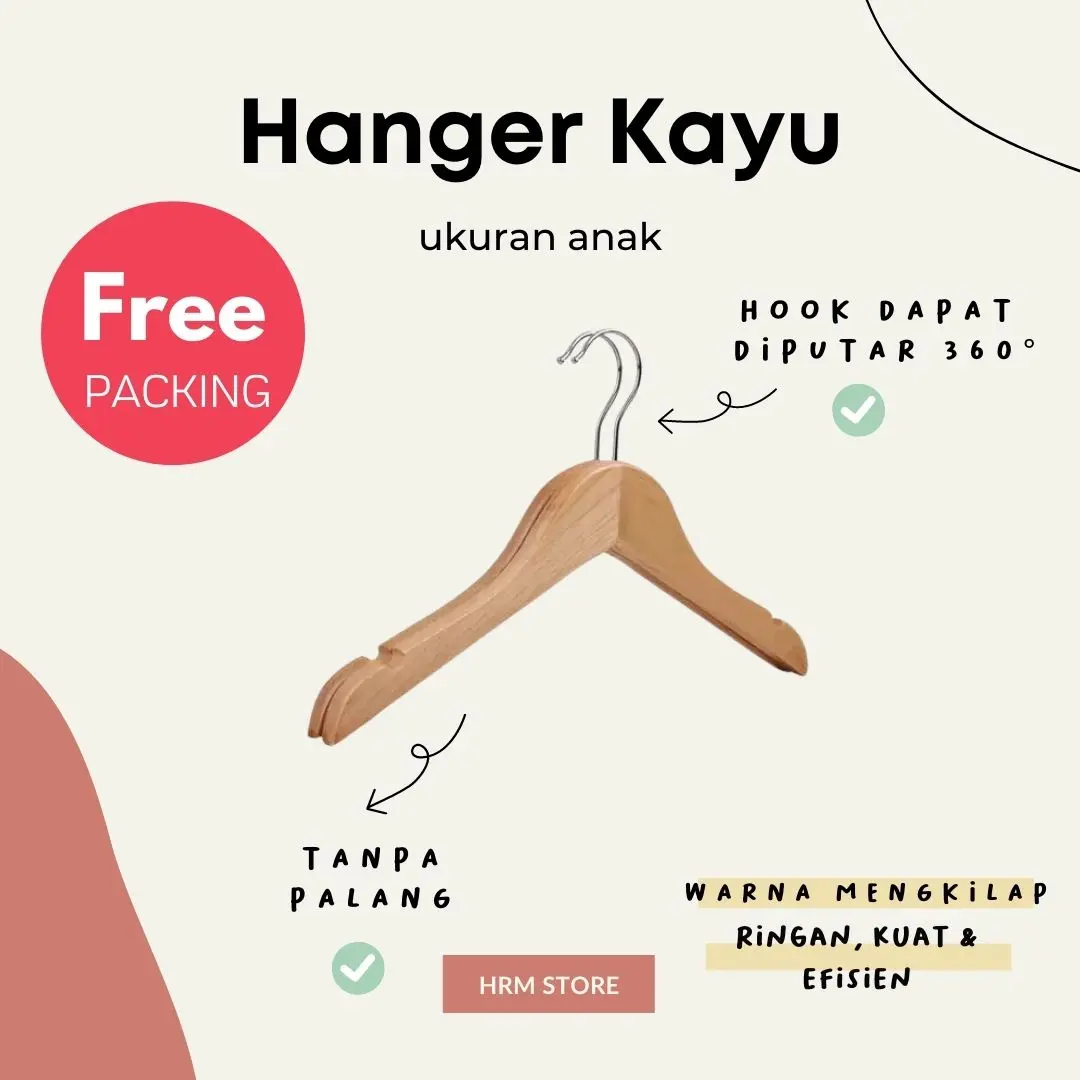 Hanger Kayu Ukuran Anak Warna Natural Tanpa Palang Satuan Display Pakaian