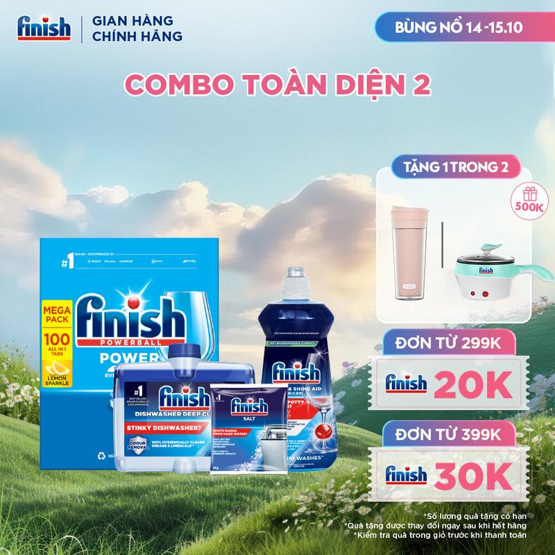 Combo Finish toàn diện 2: Hộp 100 Viên Rửa Bát Essential + Nước Làm Bóng Finish 500ml + Muối Rửa Chén Finish Salt túi 1kg + Dung dịch vệ sinh máy