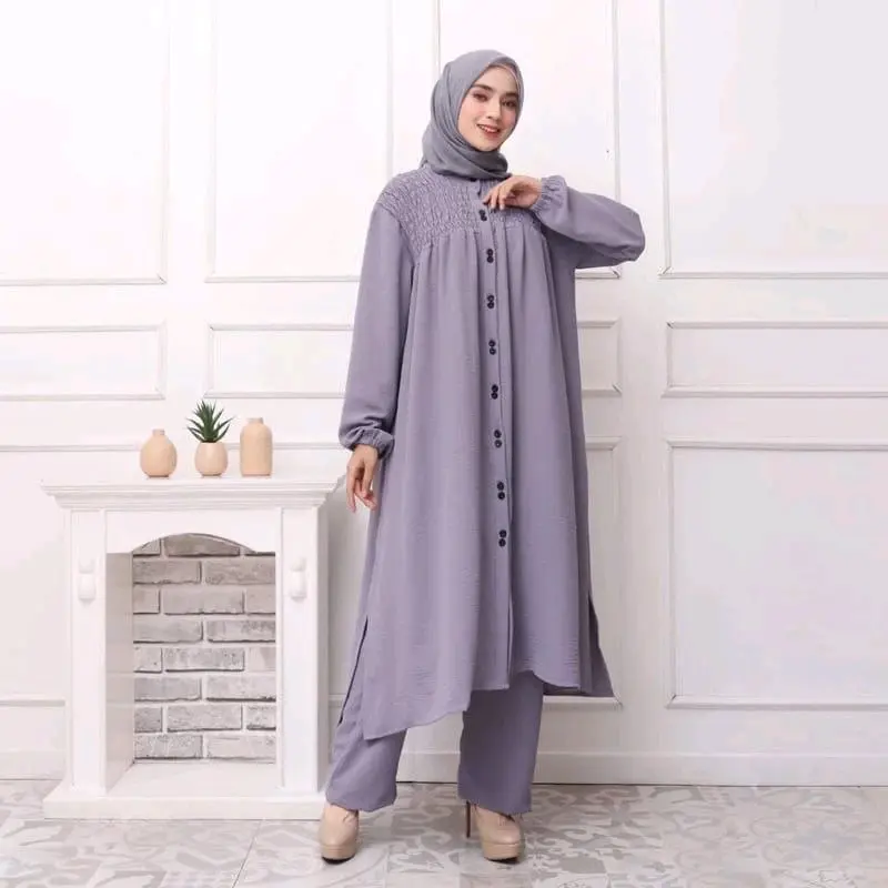 Setelan wanita celana kerut long tunik crinkle