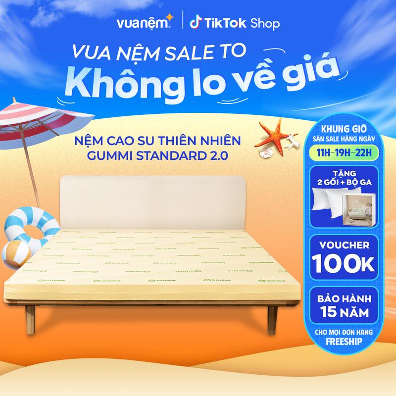 ( Tặng 2 gối + 1 bộ ga/chăn) Nệm cao su thiên nhiên Gummi Standard 2.0 10cm VUA NỆM - Êm ái, thoáng khí, bền bỉ, Bảo hành 15 năm natural  latex